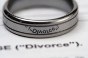 wedding ring on a divorce word on a paper